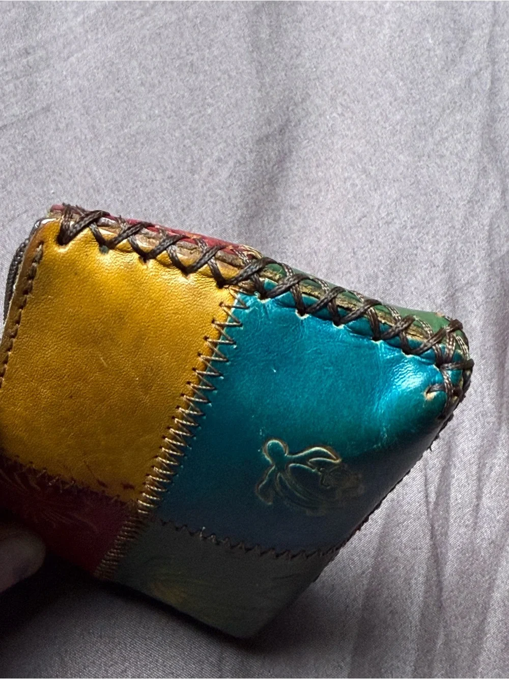 Aloha Hawaii Leather Patchwork Coin Purse Pouch in Teal, Mustard & Red